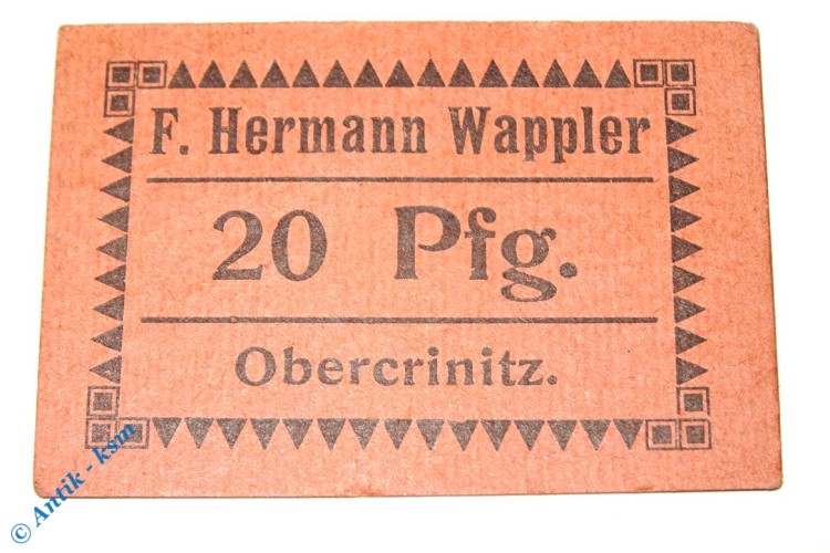 Notgeld Obercrinitz , F. Hermann Wappler , 20 Pfennig Schein , Tieste 5210.05.05 , Sachsen Verkehrsausgabe