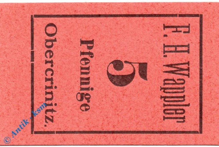 Notgeld Obercrinitz , F. Hermann Wappler , 5 Pfennig Schein , Tieste 5210.05.03 , Sachsen Verkehrsausgabe