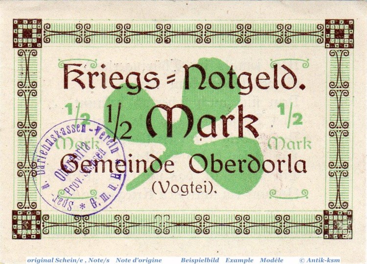 Notgeld Oberdorla , Halbe Mark Schein in kfr. Tieste 5225.05.065 , o.D. Thüringen Verkehrsausgabe