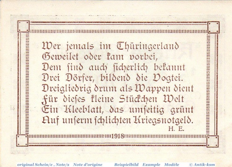 Notgeld Oberdorla , Halbe Mark Schein in kfr. Tieste 5225.05.070 , von 1918 , Thüringen Verkehrsausgabe