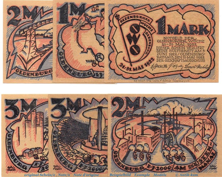 Notgeld Oldenburger Woche OWO 1018.1 , Set mit 6 Scheinen in kfr. von 1922 , Niedersachsen Seriennotgeld