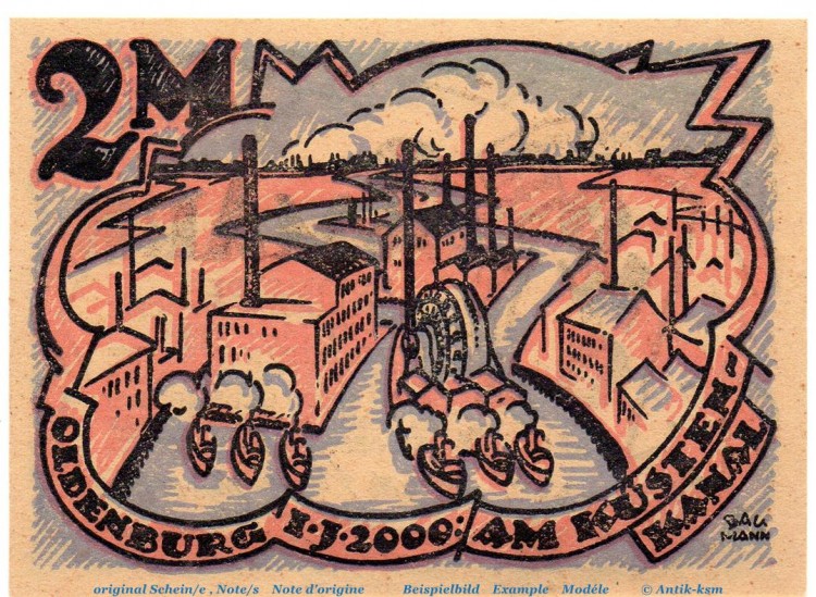 Notgeld Oldenburger Woche OWO , 2 Mark Schein Nr 1 in kfr. von 1922 , Niedersachsen Seriennotgeld