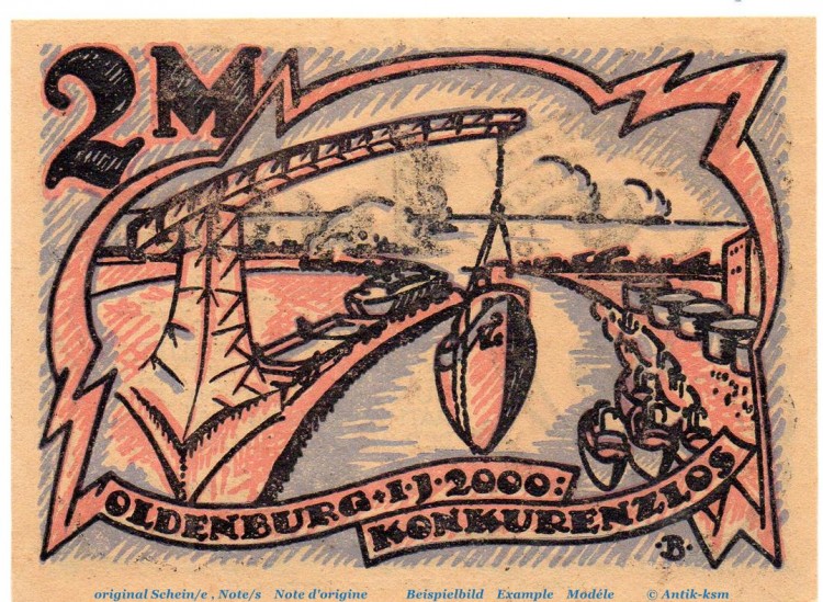 Notgeld Oldenburger Woche OWO , 2 Mark Schein Nr 2 in kfr. von 1922 , Niedersachsen Seriennotgeld