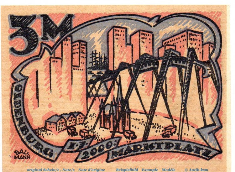 Notgeld Oldenburger Woche OWO , 3 Mark Schein Nr 1 in kfr. von 1922 , Niedersachsen Seriennotgeld