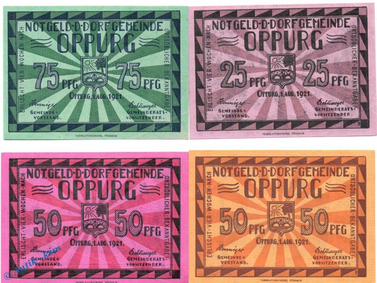 Notgeld Oppurg , Set mit 4 Scheinen in kfr. Mehl Grabowski 1023.1 , von 1921 , Thüringen Seriennotgeld