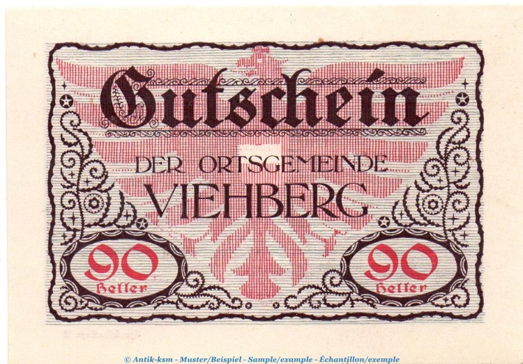 Notgeld Ort Viehberg S.1110.II.f , 90 Heller Schein in kfr. o.D. Notgeld Oberösterreich