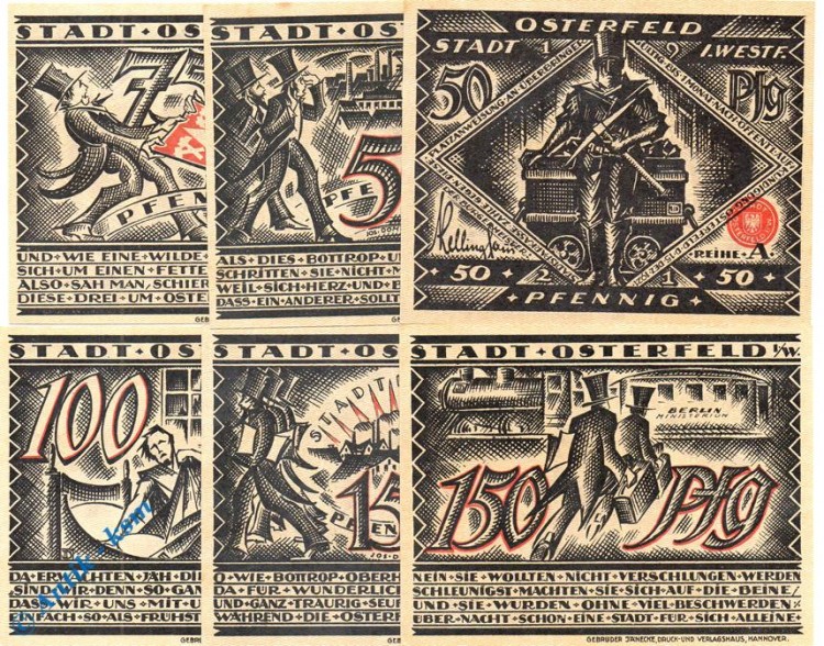 Notgeld Osterfeld , Set mit 6 Scheinen , Eingemeindung , Mehl Grabowski 1033.1 , von 1921 , Westfalen Seriennotgeld