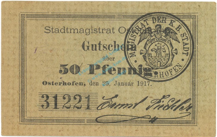 Notgeld Osterhofen , Einzelschein üaber 50 Pfennig , Tieste 5445.170 , von 1917 , Bayern Verkehrsausgabe