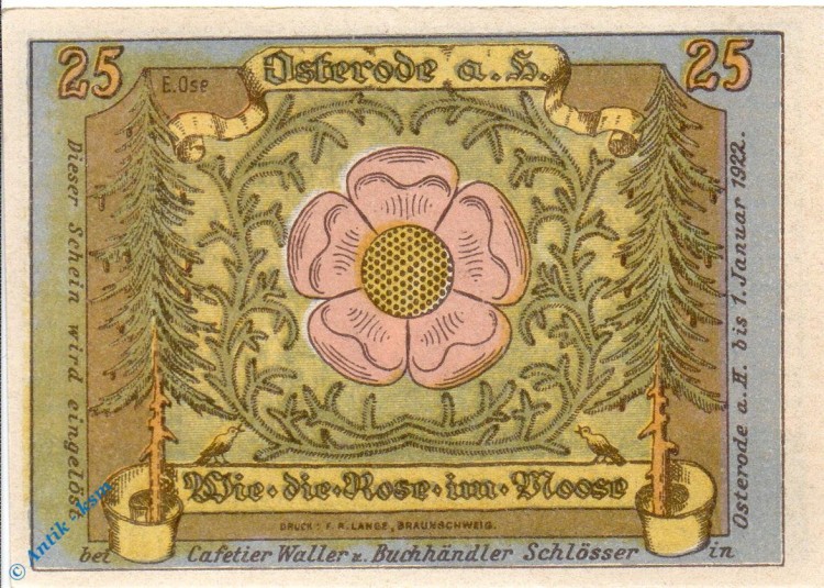 Notgeld Osterode , Waller , 25 Pfennig Schein , Mehl Grabowski 1036.1 , Niedersachsen Seriennotgeld