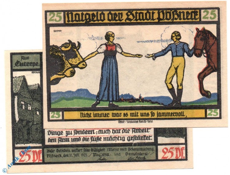 Notgeld Pößneck , 25 Pfennig Schein Nr 2 , kornblumenblau , Mehl Grabowski 1066.5 a , von 1921 , Thüringen Serien Notgeld