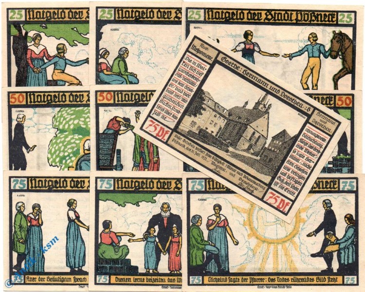 Notgeld Pößneck , Set mit 10 Scheinen , hellblau , Mehl Grabowski 1066.3 , von 1921 , Thüringen Seriennotgeld