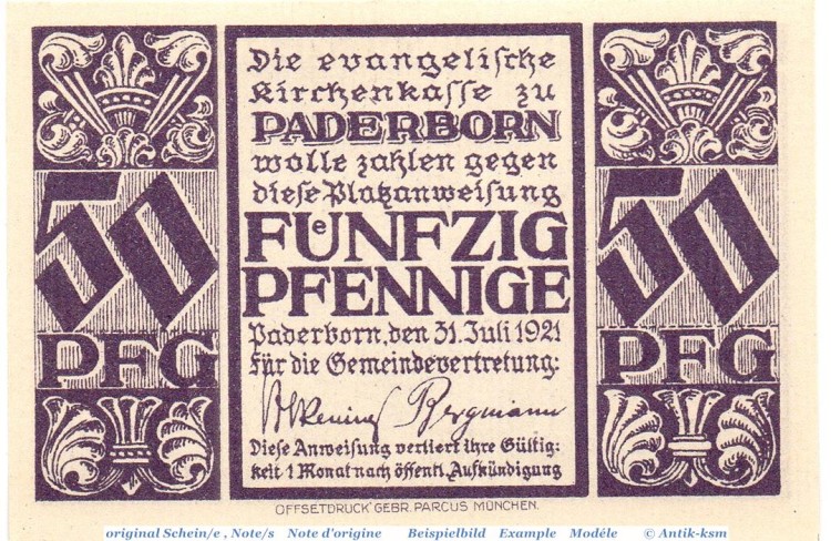 Notgeld Paderborn , Kirchenkasse , 50 Pfennig Schein in kfr. Mehl Grabowski 1042.1 , von 1921 , Westfalen Seriennotgeld