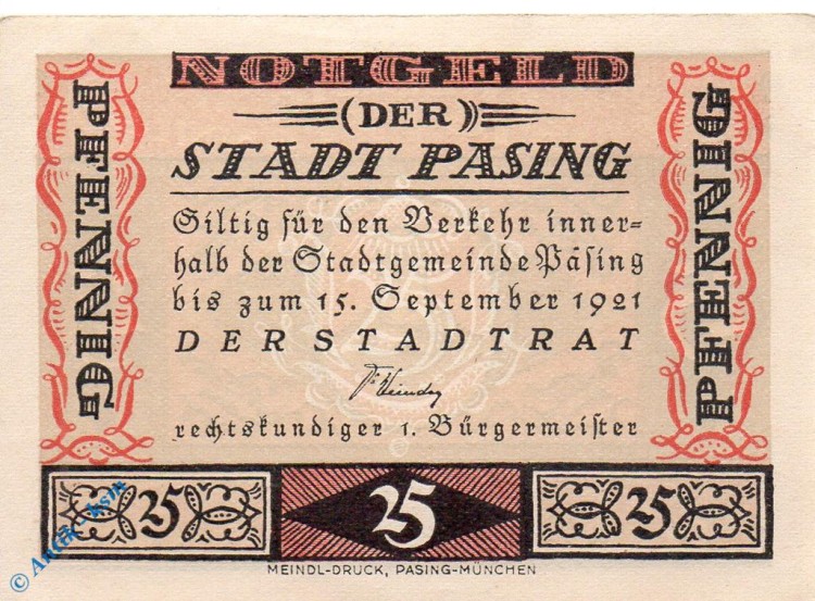 Notgeld Pasing , 25 Pfennig Schein in kfr. Mehl Grabowski 1050.3 a , Bayern Seriennotgeld