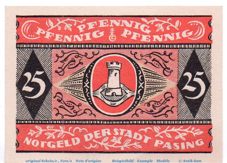 Notgeld Pasing , 25 Pfennig Schein in kfr. Mehl Grabowski 1050.3 a , Bayern Seriennotgeld