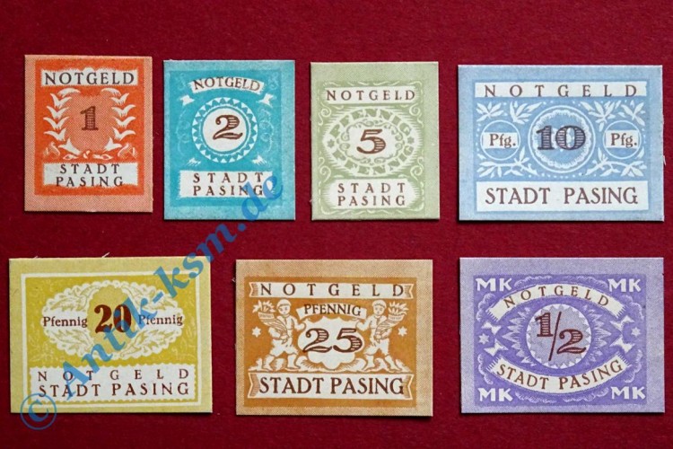 Notgeld Pasing , Satz mit 7 Scheinen , Tieste 5510.15 - 21 , Bayern Verkehrsausgabe