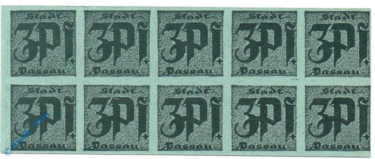 Notgeld Passau , 10er Bogen 3 Pfennig , schwarzblaugrün hellbläulichgrün , Tieste 5515.05.090 ? , Sachsen Verkehrsausgabe