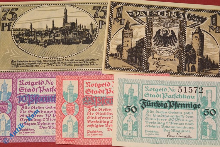 Notgeld Patschkau , 2 Satz mit 5 Scheinen , Mehl Grabowski 1052.1 und 2 , von 1921 , Oberschlesien Seriennotgeld