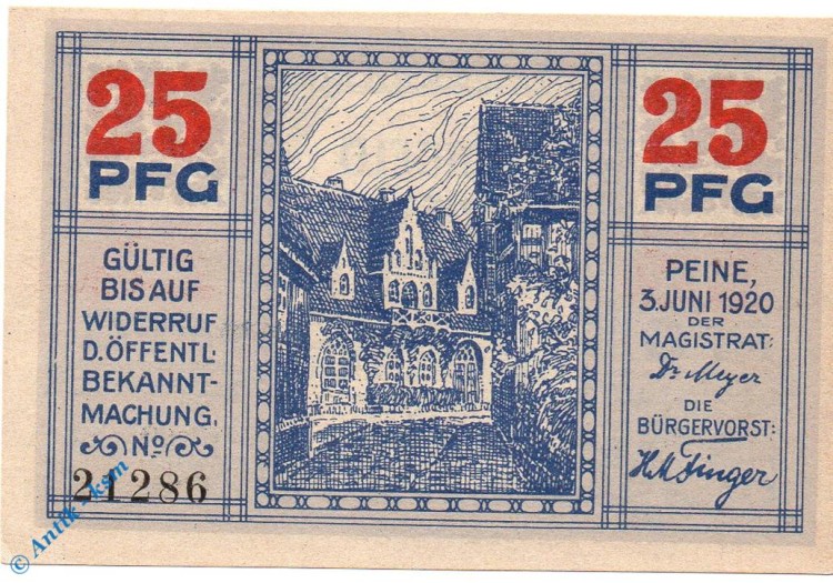 Notgeld Peine , 25 Pfennig Schein , Tieste 5540.10.06 , von 1920 , Niedersachsen Verkehrsausgabe