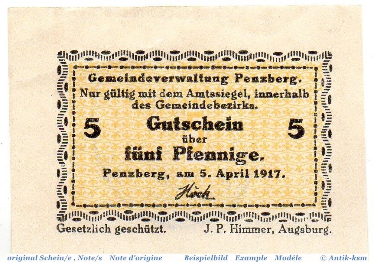 Notgeld Penzberg , 5 Pfennig Schein in kfr. Tieste 5560.05.20 , von 1917 , Bayern Verkehrsausgabe