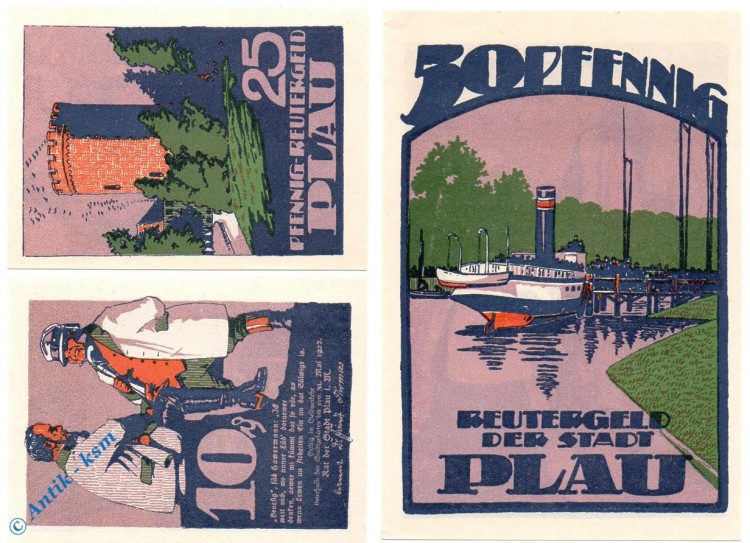 Notgeld Plau , Reutergeld , Set mit 3 Scheinen , Mehl Grabowski 1061.2 , Mecklenburg Vorpommern Serien Notgeld