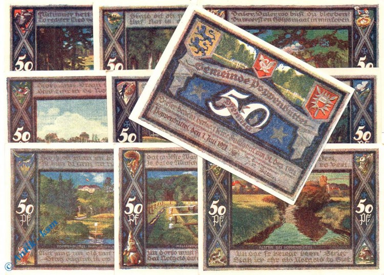 Notgeld Poppenbüttel , Set mit 10 Scheinen kfr , Druck matt , Mehl Grabowski 1068.1 , von 1921 , Hamburg Seriennotgeld