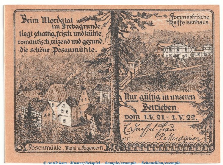 Notgeld Posenmühle Bucha 196.1.a , 50 Pfennig Schein in kfr. von 1921 , Thüringen Seriennotgeld