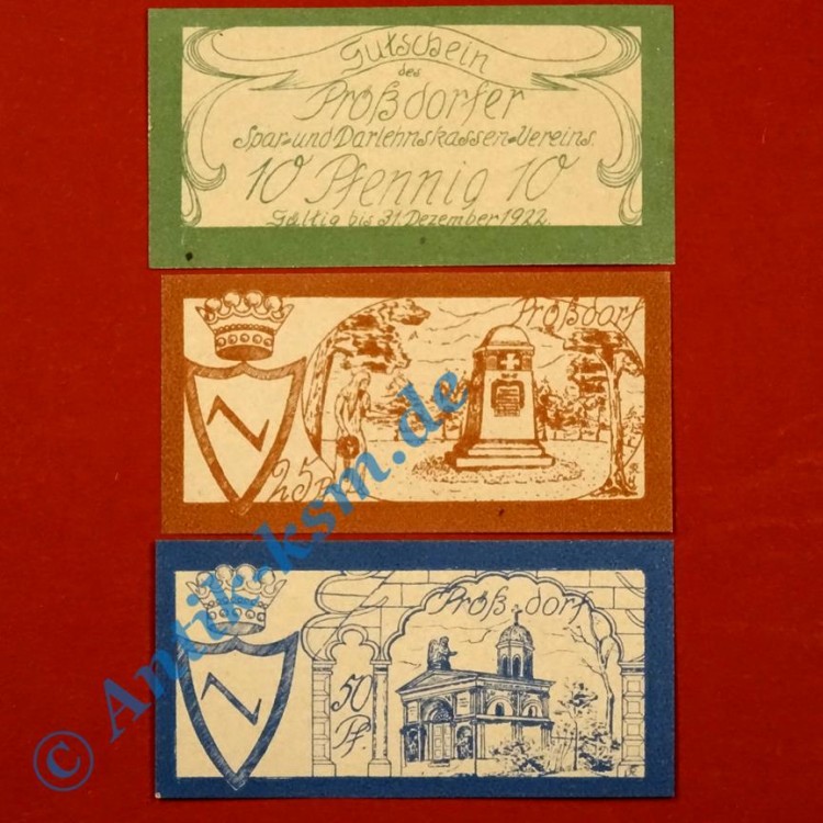 Notgeld Prössdorf , Set mit 3 Scheinen , Tieste 5780.01 bis 03 , Sachsen Verkehrsausgabe