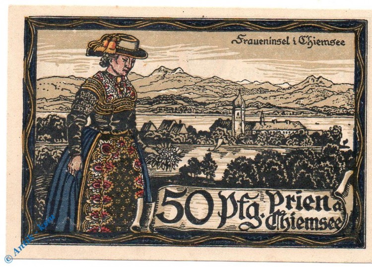 Notgeld Prien , 50 Pfennig Schein , ZickZackLinien , Mehl Grabowski 1074.3 b , von 1920 , Bayern Seriennotgeld