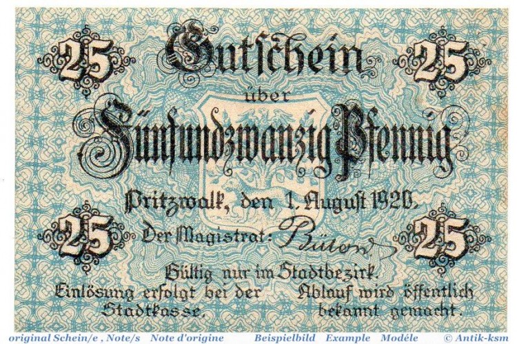 Notgeld Pritzwalk , 25 Pfennig Schein in kfr. Tieste 5775.05.05 , von 1920 , Baden Verkehrsausgabe