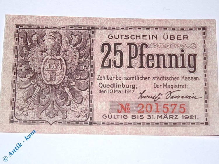 Notgeld Quedlinburg , 25 Pfennig Schein - 1921 , Tieste 5835.25.05 , von 1917 , Sachsen Verkehrsausgabe