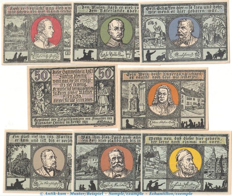 Notgeld R. Dahms Eisenach 318.2 , Set mit 8 Scheinen in kfr. von 1921 , Thüringen Seriennotgeld
