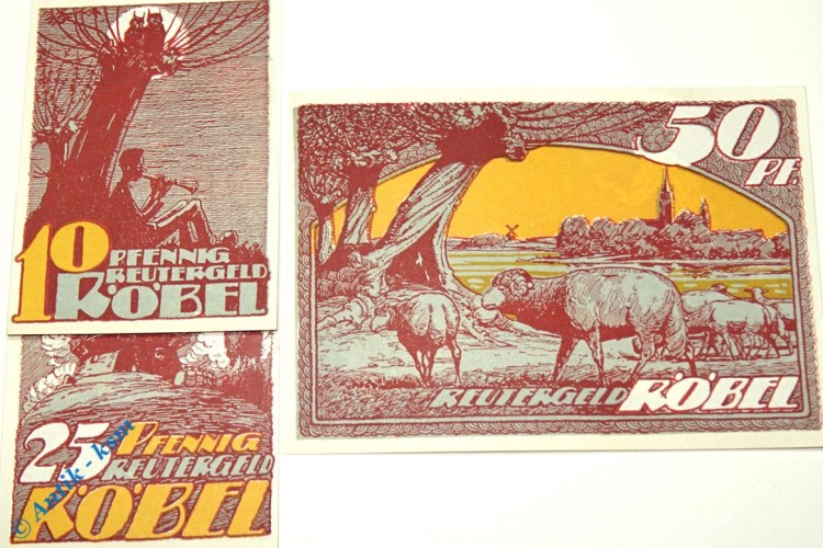 Notgeld Röbel , Reutergeld , Set mit 3 Scheinen , Mehl Grabowski 1130.1  , Mecklenburg Vorpommern Serien Notgeld