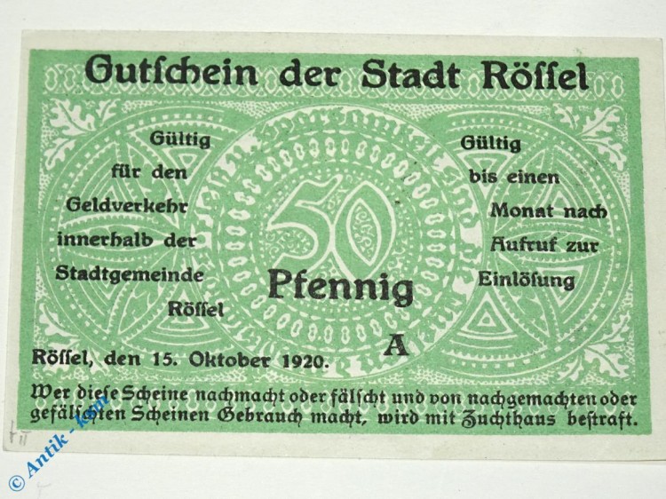 Notgeld Rössel , 50 Pfennig Schein A , Tieste 6115.10.25 , von 1920 , Ostpreussen Verkehrsausgabe