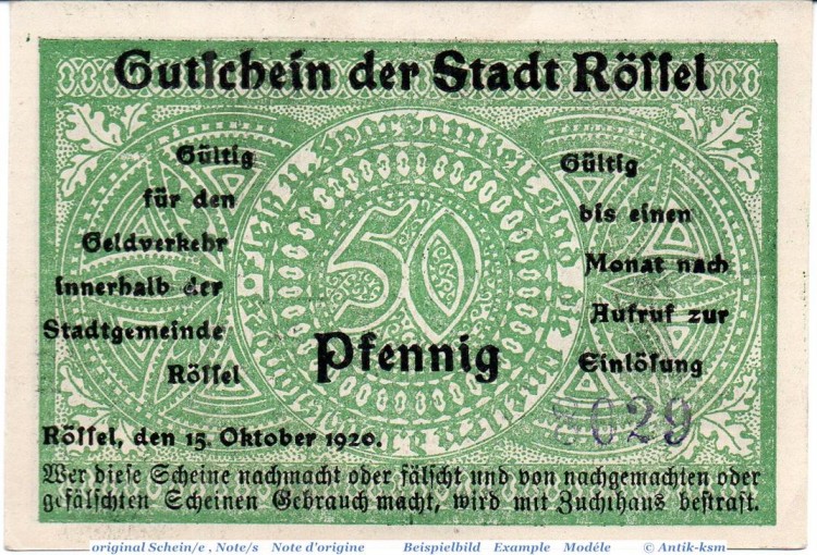 Notgeld Rössel , 50 Pfennig Schein in kfr. Tieste 6115.10.20 , von 1920 , Ostpreussen Verkehrsausgabe
