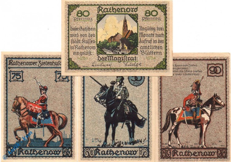 Notgeld Rathenow , Husaren , Set mit 4 Scheinen kfr , Mehl Grabowski 1099.2 , von 1921 , Brandenburg Seriennotgeld