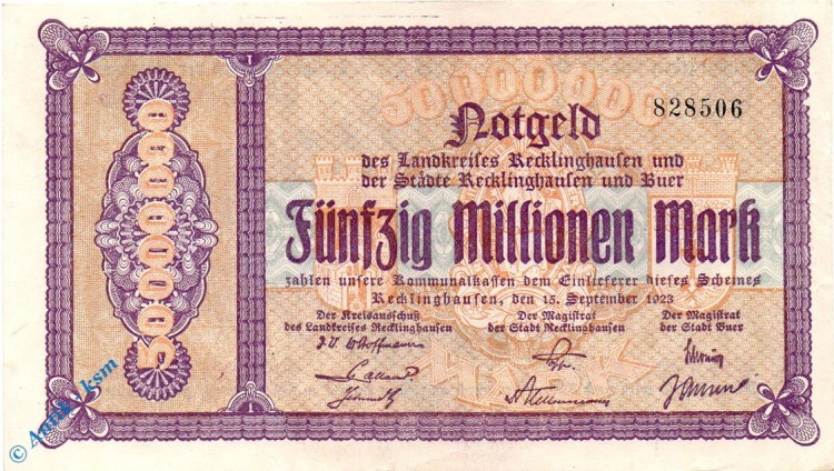 Notgeld Recklinghausen , 50 Millionen Mark Schein , Keller 4460 g , 08.08.1923 , Westfalen Großnotgeld
