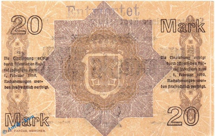 Notgeld Regensburg , 20 Mark Schein in kfr. E , Geiger 440.03.a , 08.10.1918 , Bayern Großnotgeld