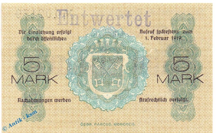 Notgeld Regensburg , 5 Mark Schein in kfr. E , Geiger 440.01.a , 08.10.1918 , Bayern Großnotgeld