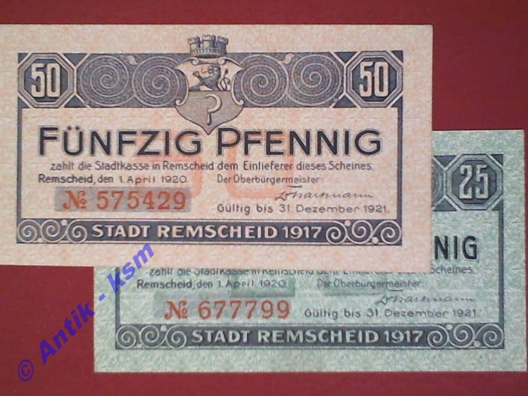 Remscheid , Notgeld Set 2 Scheine unc-kfr. Ti.6020.05.25-26 , RHL 1920 Verkehrsausgabe -0087-