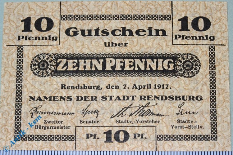 Notgeld Rendsburg , 10 Pfennig Schein , Musterschein ohne Kennummer , Tieste 6025.05.01.M , von 1917 , Schleswig Holstein Verkehrsausgabe