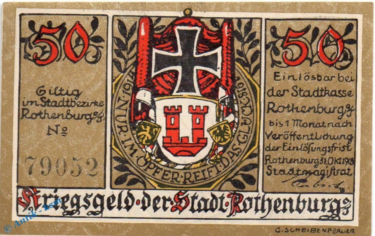 Notgeld Rothenburg , 50 Pfennig Schein oliv in kfr. Tieste 6250.05.20 , von 1918 , Bayern Verkehrsausgabe