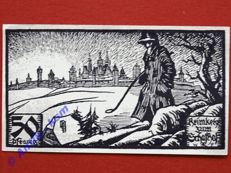 Notgeld Rothenburg o.T. , Einzelschein über 50 Pfennig Heimkehr Wasserliniert , Mehl Grabowski 1141.2 B , Seriennotgeld Bayern