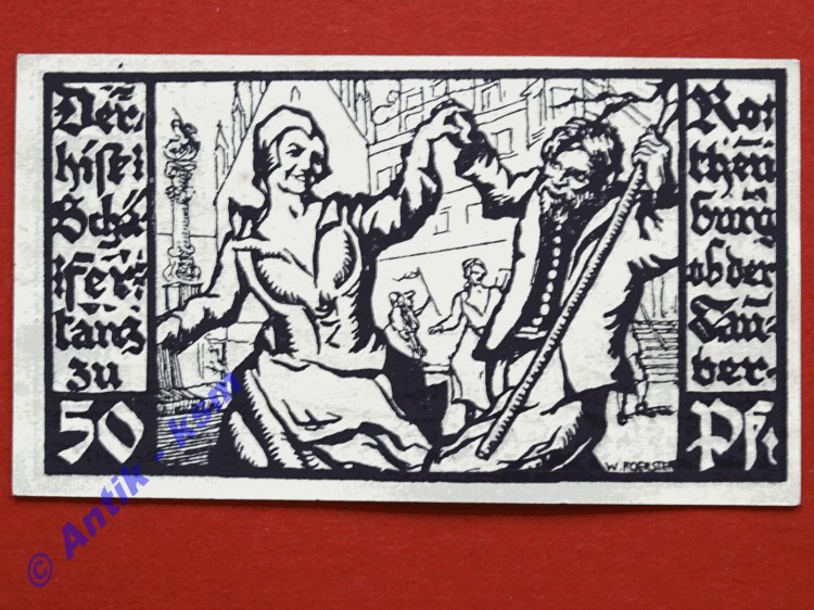Notgeld Rothenburg o.T. , Einzelschein über 50 Pfennig Schäfertanz Wasserliniert , Mehl Grabowski 1141.2 B , Seriennotgeld Bayern