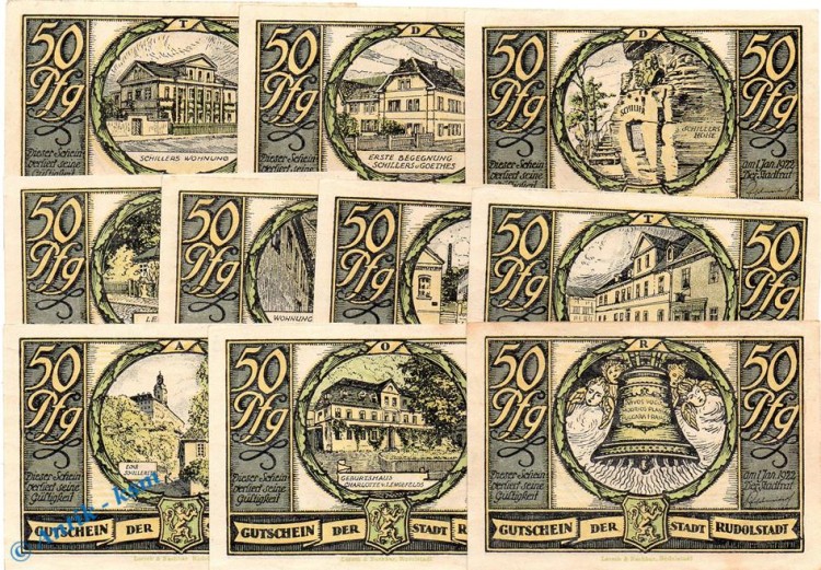 Notgeld Stadt Rudolstadt  , 1146.1 Set mit 10 Scheinen -1799-  in kfr. von 1921 , Thüringen Seriennotgeld