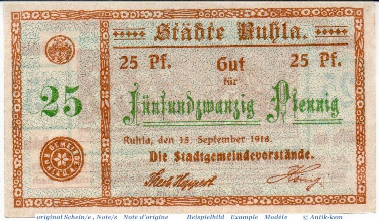 Notgeld Ruhla , 25 Pfennig Schein in kfr. Tieste 6300.05.01 , von 1918 , Thüringen Verkehrsausgabe