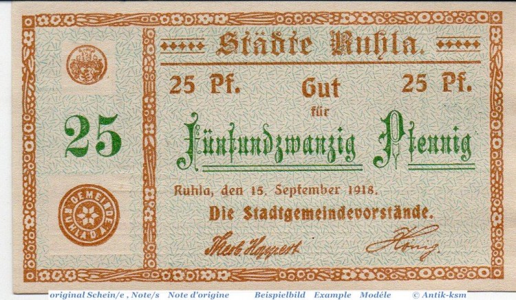 Notgeld Ruhla , 25 Pfennig Schein in kfr. Tieste 6300.05.10 , von 1918 , Thüringen Verkehrsausgabe
