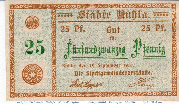 Notgeld Ruhla , 25 Pfennig Schein in kfr. Tieste 6300.05.15 , von 1918 , Thüringen Verkehrsausgabe