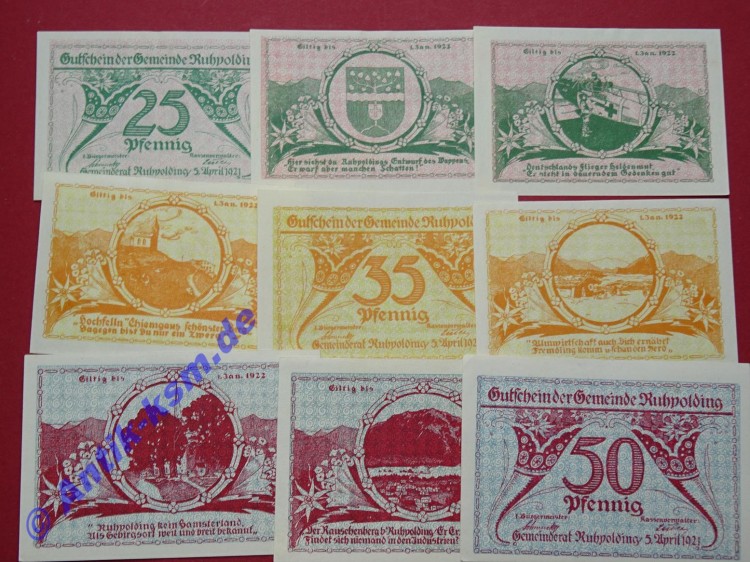 Ruhpolding , Notgeld Set mit 9 Scheinen in kfr. M/G 1154.2 , Bayern von 1921 Seriennotgeld