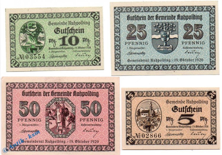Notgeld Ruhpolding , Satz mit 4 Scheinen in kfr. Tieste 6305.01 bis 04 , von 1920 , Bayern Verkehrsausgabe