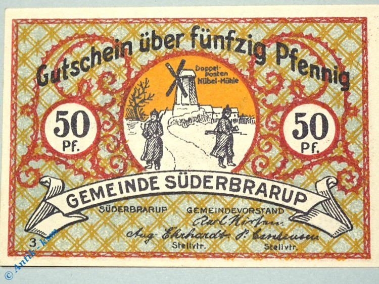 Notgeld Süderbrarup , 50 Pfennig Schein Nr 3 , mit 2 x Stellvtr , Mehl Grabowski 1294.7 A , Schleswig Holstein Seriennotgeld